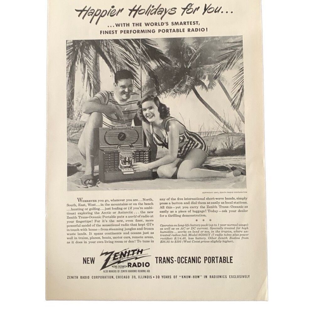 Vintage 1947 Zenith Radio Trans Oceanic Portable Ad Advertisement